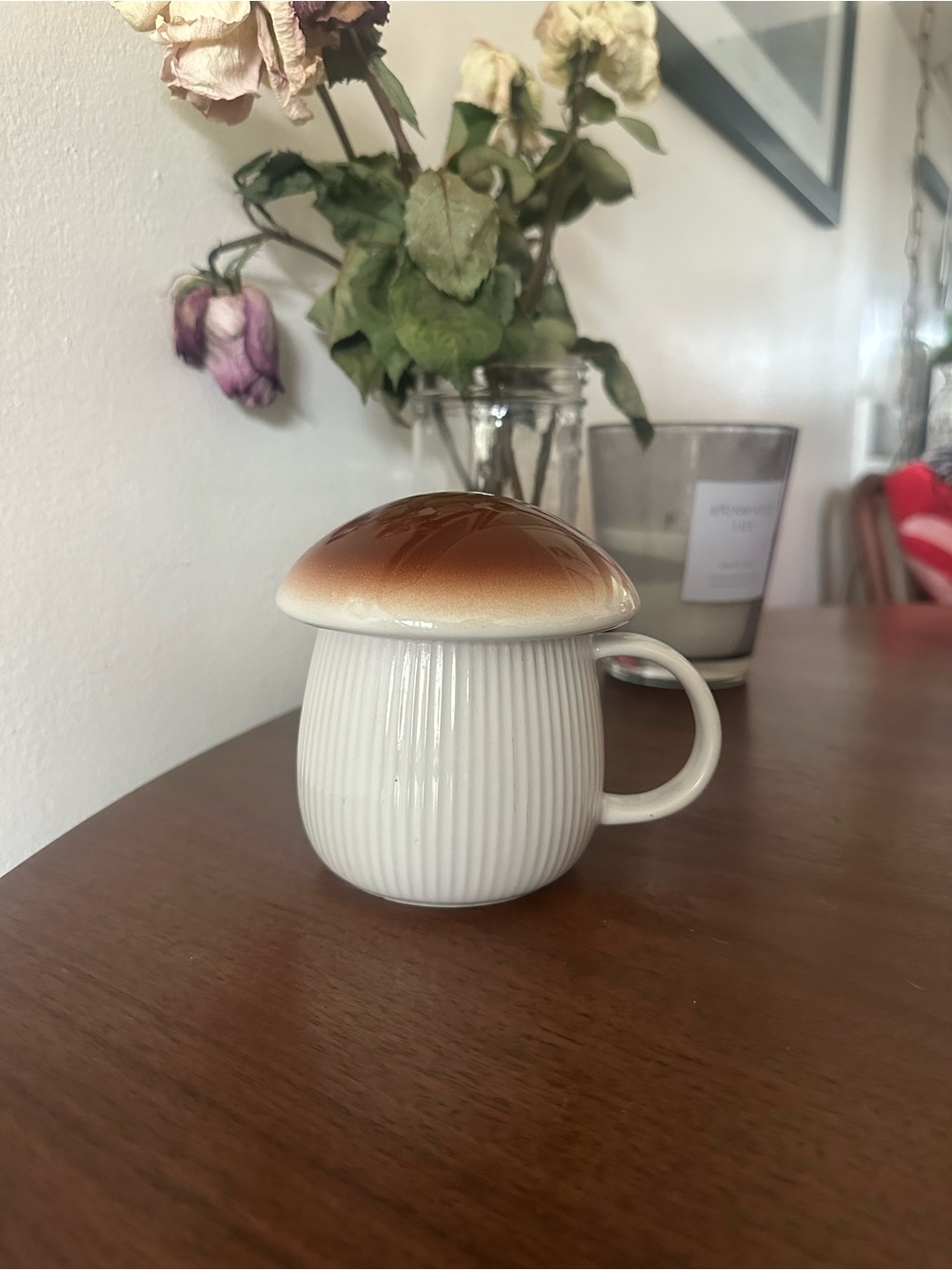 World Market Mushroom Lidded Ceramic Mug - White with Brown Top